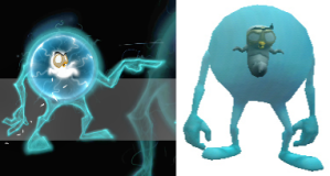 The concept art and model of the TK from Crash: Mind Over Mutant, a small fetus-like bird contained within a blue bubble with limbs.