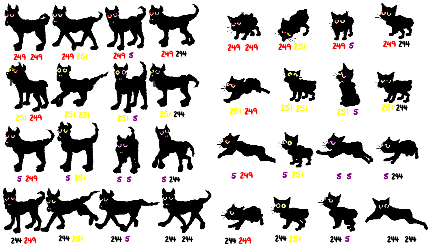 Sixteen pitch-black cats and sixteen pitch-black dogs in Petz. The images show every possible variation of red, yellow, purple, and black eyes that these pets can have.